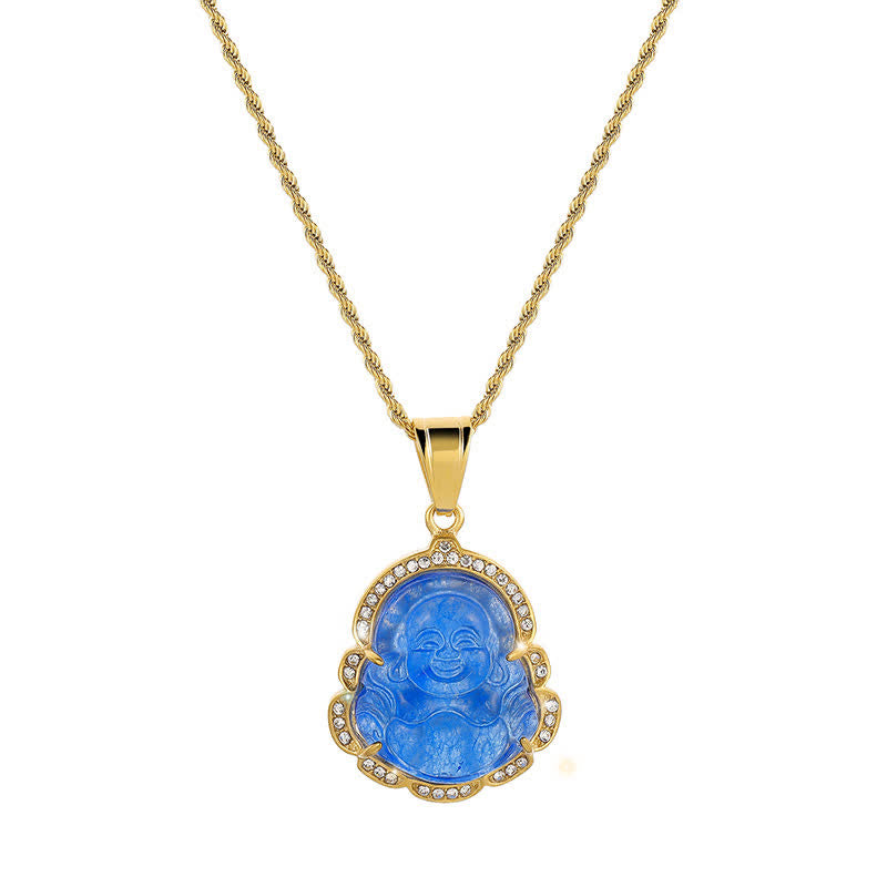 Karma Stone 18K Gold Filled Laughing Buddha Jade Luck Necklace Chain Pendant