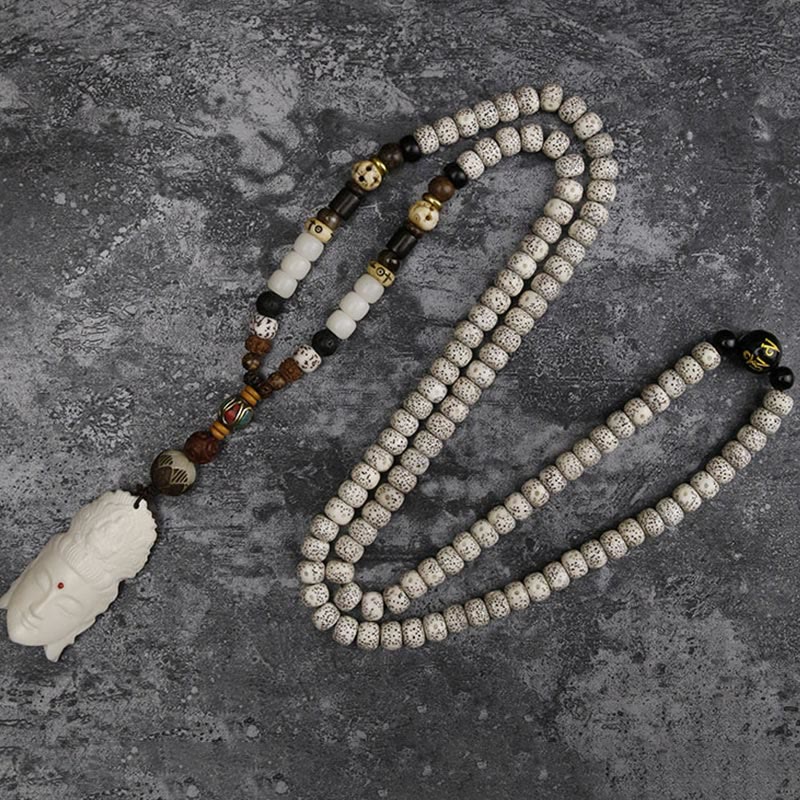 Karma Stone 108 Mala Beads Bodhi Seed Yak Bone Avalokitesvara Lucky Pixiu Guan Gong Buddha Demon Peace Tassel Bracelet