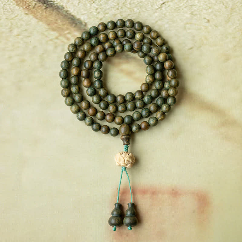 Karma Stone 108-Bead Rosary Green Sandalwood, Boxwood, Lotus, Auspicious Wooden Rosary Bracelet