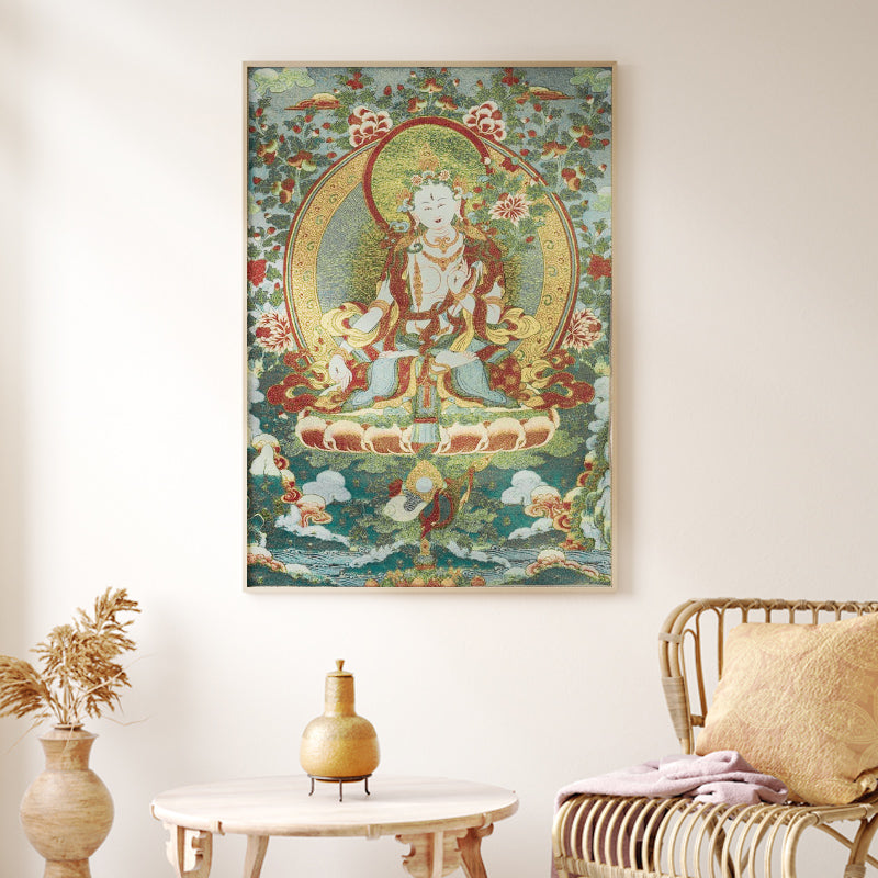 Karma Stone Tibetan Embroidery White Tara Thangka Tapestry Wall Hanging Wall Art Meditation for Home Decor