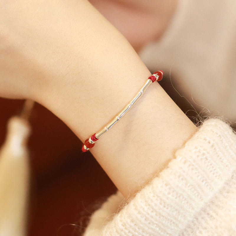 Karma Stone 925 Sterling Silver Bamboo White Agate Red Agate Bead Protection String Braided Bracelet