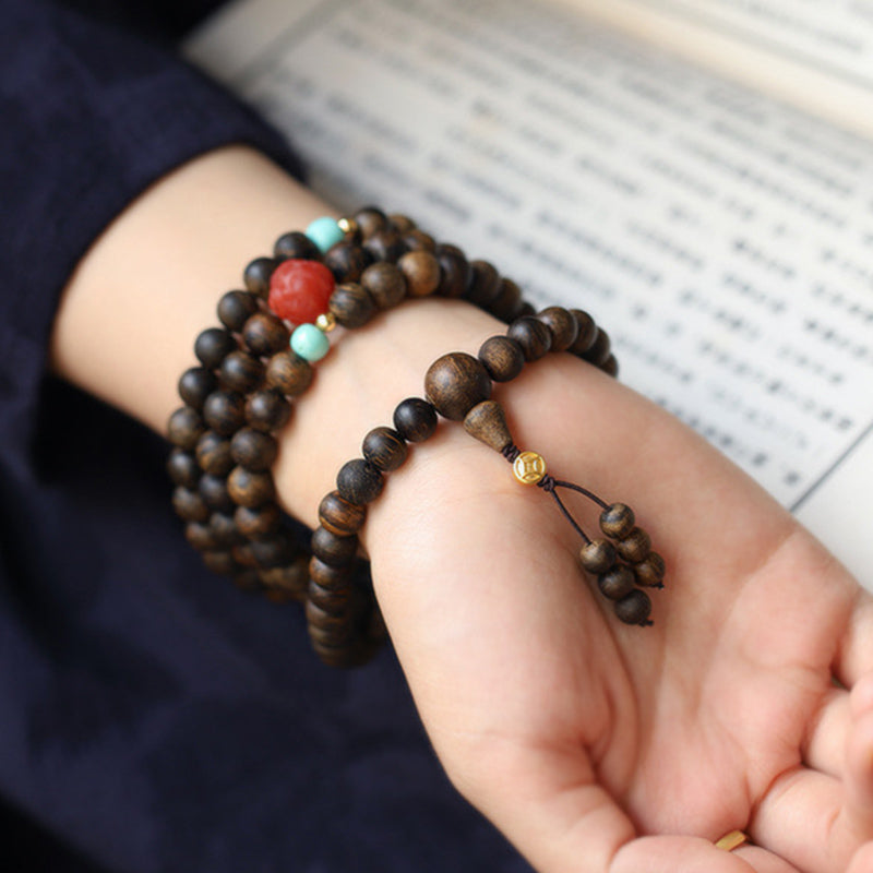 Karma Stone 108 Mala Beads Agarwood Red Agate Turquoise Peace Meditation Bracelet