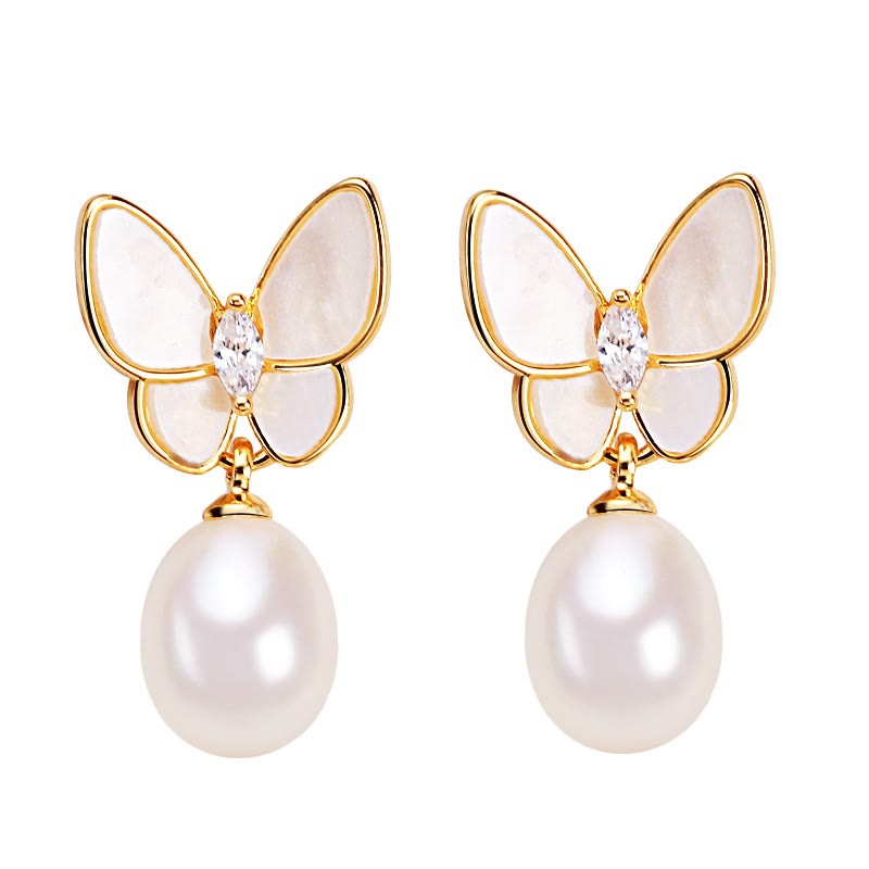 Karma Stone 925 Sterling Silver Posts 18K Gold Plated Copper Pearl Butterfly Optimism Stud Earrings