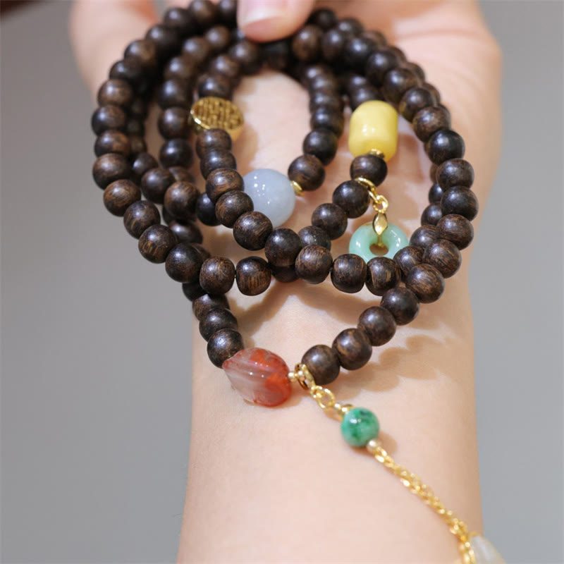 Karma Stone 108-Bead Wooden  Rosary Bracelet Brunei Agarwood, Amber, Red Agate, Peace Knot, Jade Peace Bracelet