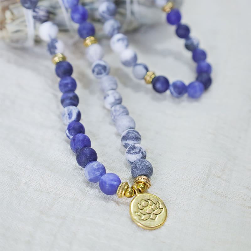 Karma Stone 108 Natural Picasso Jasper & Blue Stone Mala Bead Lotus Pendant Bracelet Necklace