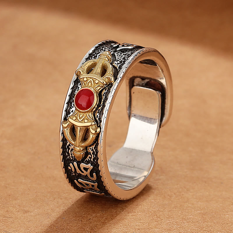 Karma Stone Tibetan Om Mani Padme Hum Red Agate Dorje Vajra Design Wisdom Ring