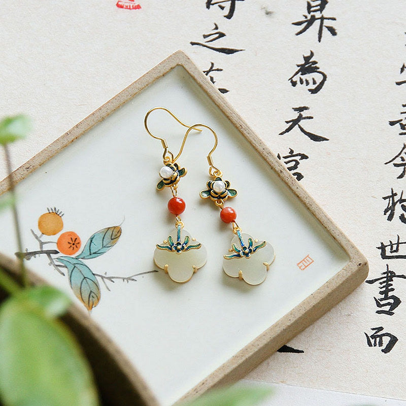 Karma Stone Lucky Four Leaf Clover Jade Abundance Copper Earrings