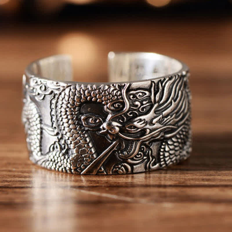 Karma Stone 999 Sterling Silver Dragon Carved Pattern Protection Success Ring