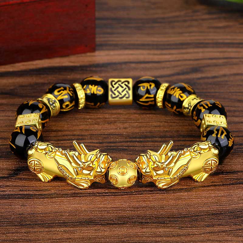 Karma Stone FengShui Double PiXiu Obsidian Om Mani Padme Hum Wealth Bracelet