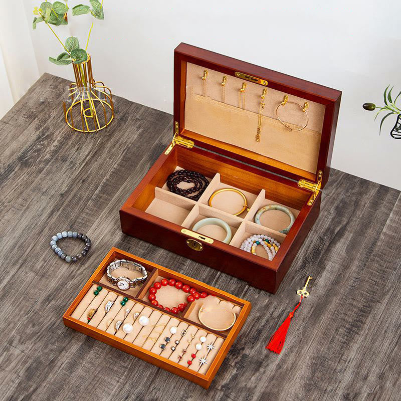 Karma Stone Vintage Wooden Jewelry Box Two-Layer Solid Wood Jewelry Storage Box