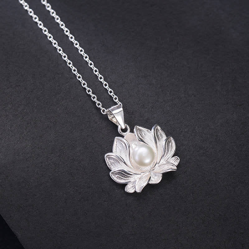 Karma Stone 925 Sterling Silver Lotus Flower Pearl Wealth Necklace Pendant