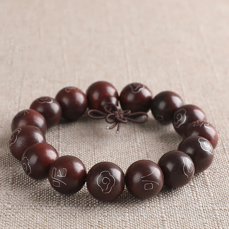 Karma Stone 925 Sterling Silver Inlaid Small Leaf Red Sandalwood Om Mani Padme Hum Character Auspicious Clouds Protection Bracelet
