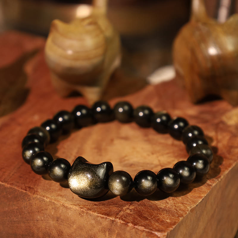 Karma Stone Gold Sheen Obsidian Silver Sheen Obsidian Lovely Paw Lucky Cat Protection Bracelet