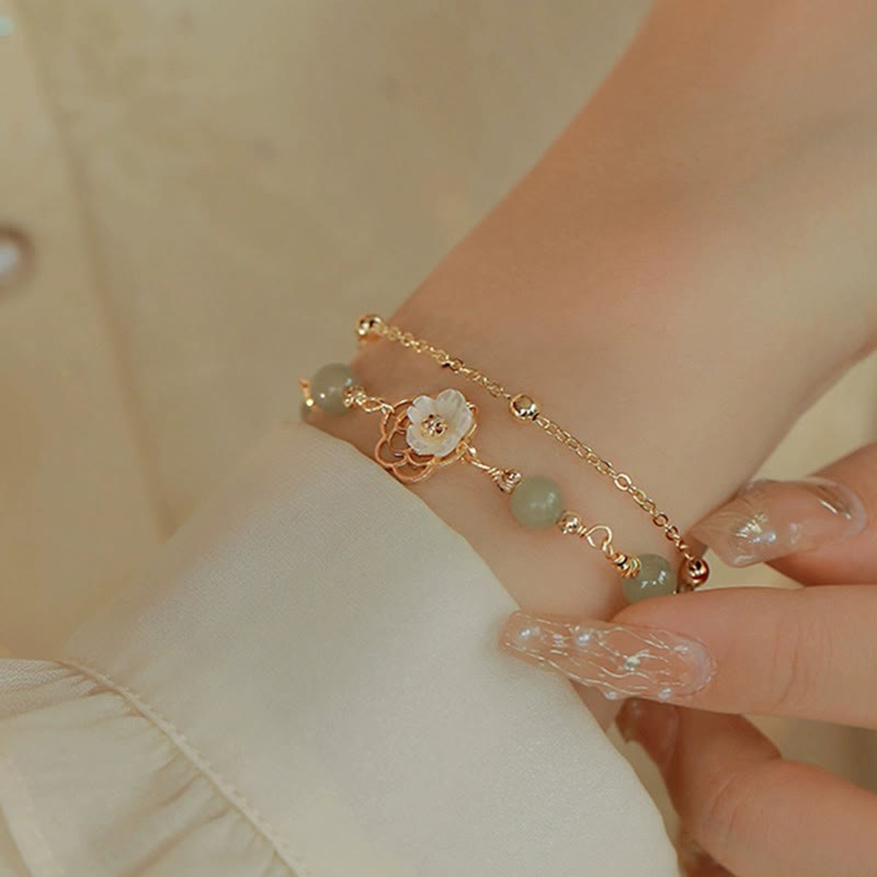 Karma Stone 14K Gold Plated Jade Butterfly Tridacna Stone Flower Double Layer Luck Bracelet