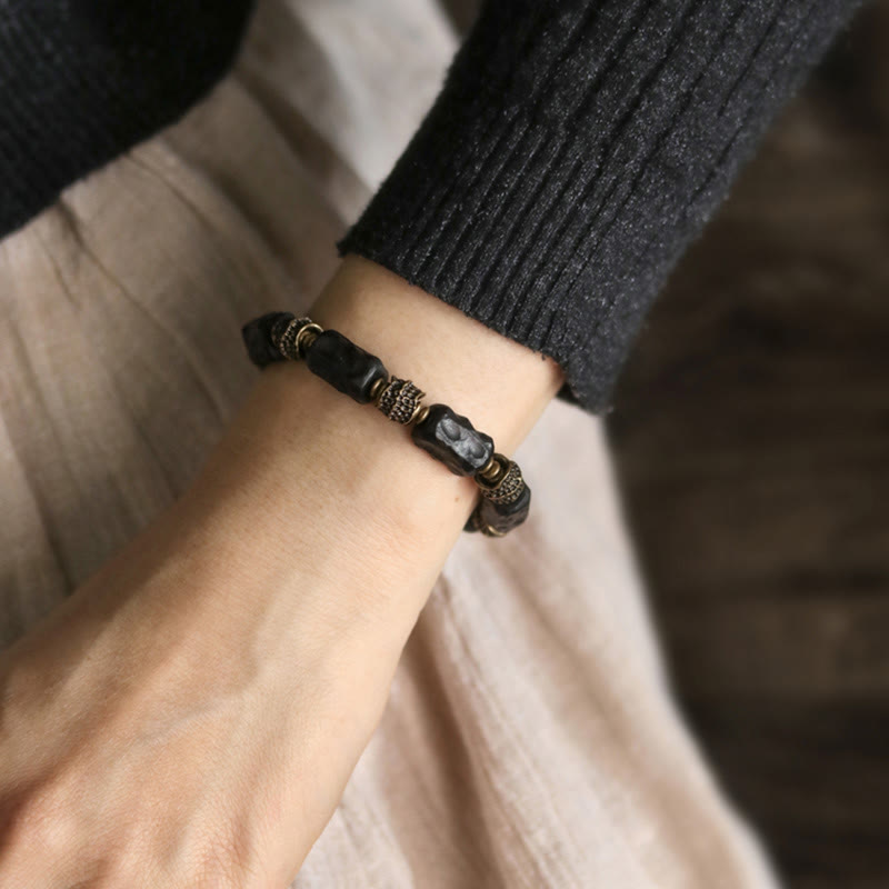 Karma Stone Tibetan Ebony Wood Copper Calm Peace Bracelet