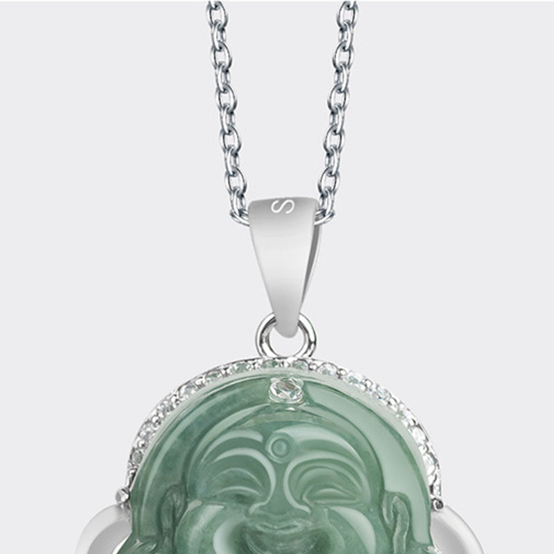 Karma Stone 925 Sterling Silver Laughing Buddha Jade Abundance Necklace Chain Pendant