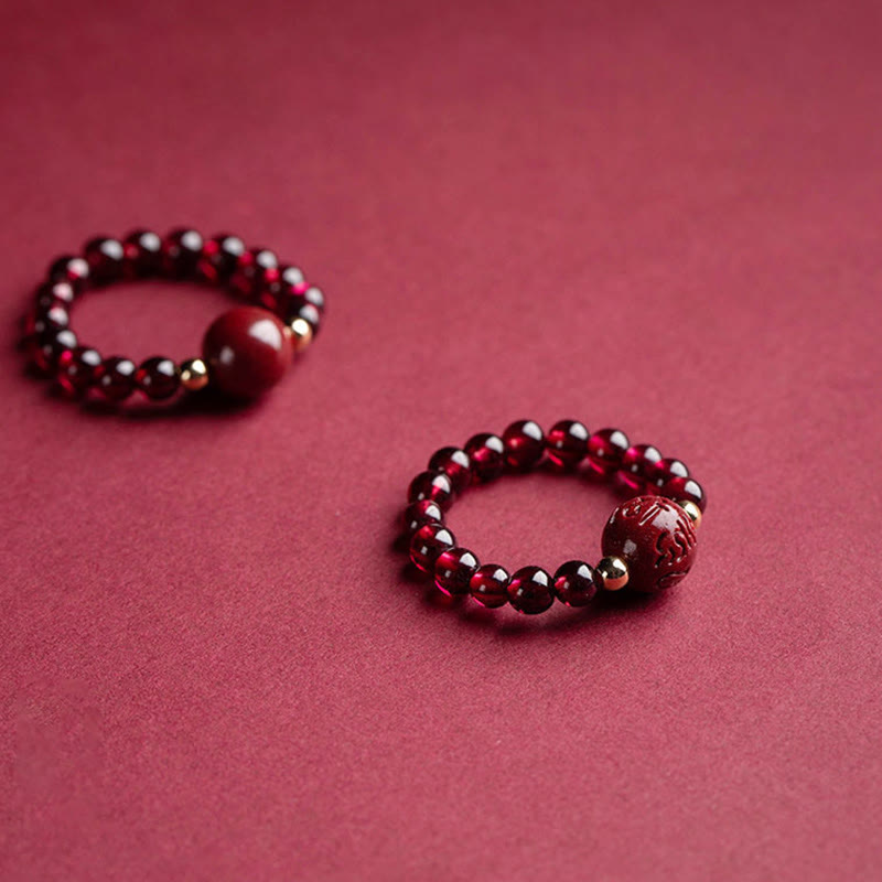 Karma Stone Garnet Cinnabar Lucky Bead PiXiu Om Mani Padme Hum Rose Protection Ring