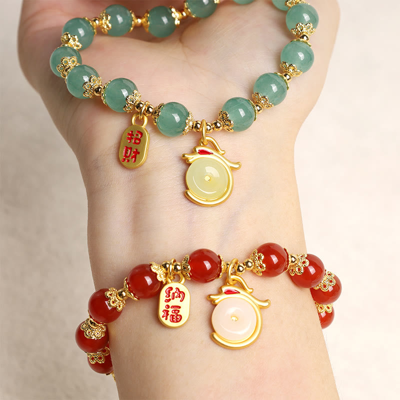 Karma Stone Year of the Dragon Red Agate Green Aventurine Peace Buckle Fu Character Lucky Fortune Bracelet