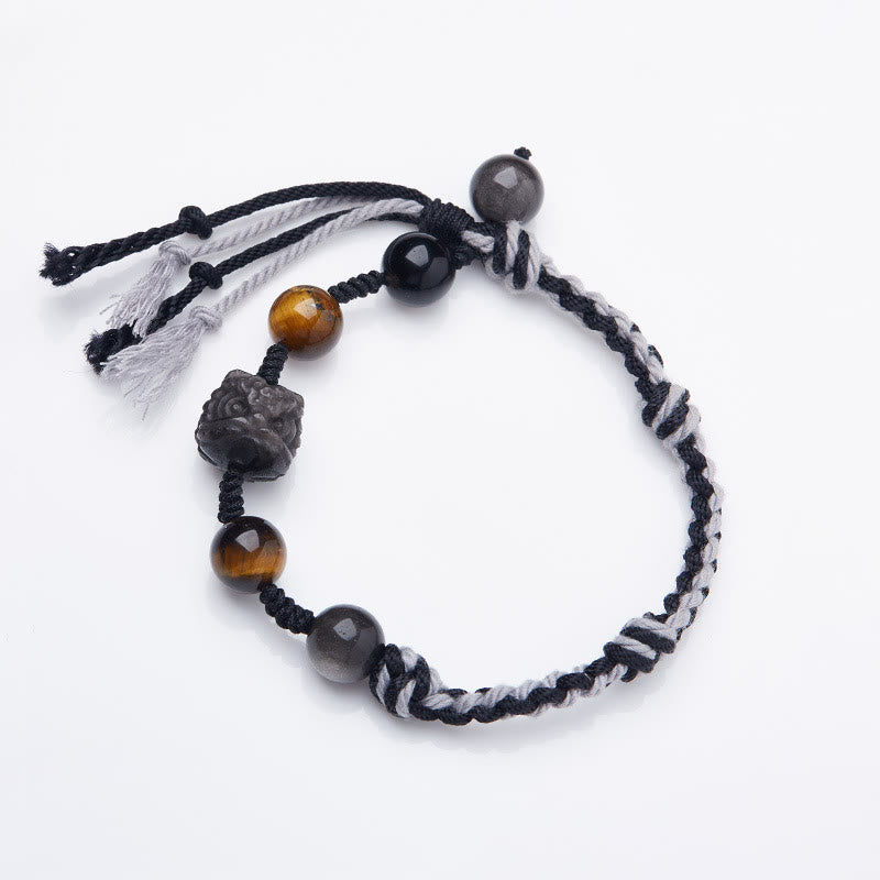 Karma Stone Natural Fluorite Amethyst Silver Sheen Obsidian Tiger's Eye Protection Rope Bracelet
