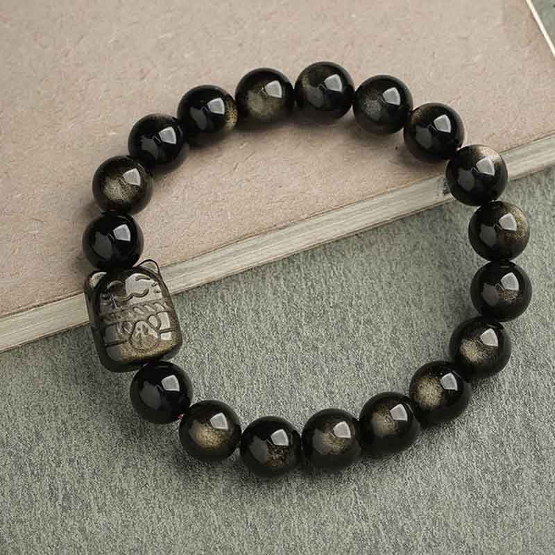 Karma Stone Gold Sheen Obsidian Silver Sheen Obsidian Lovely Paw Lucky Cat Protection Bracelet