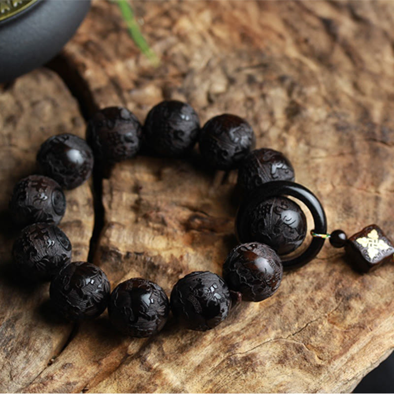 Karma Stone Ebony Wood Chinese Character Yin Yang Engraved Gourd Balance Bracelet