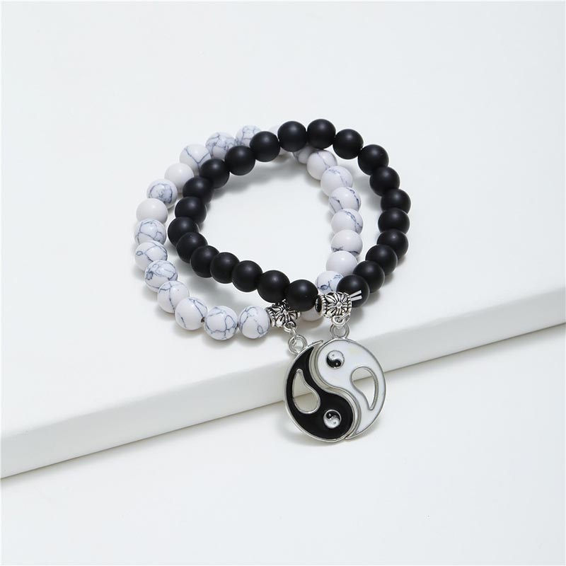 Karma Stone 2pcs Natural Black Onyx White Turquoise Bead Yin Yang Couple Bracelet
