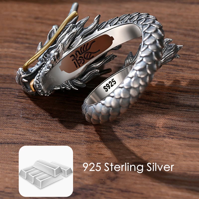 Karma Stone 925 Sterling Silver Vintage Dragon Design Protection Strength Adjustable Ring
