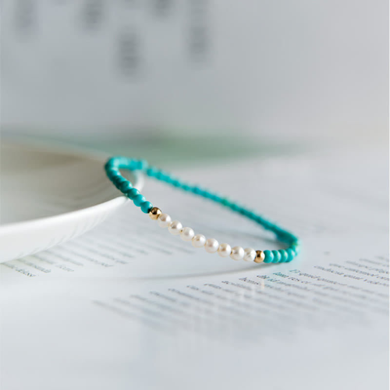 Karma Stone 925 Sterling Silver Natural Turquoise Pearl Beaded Bracelet