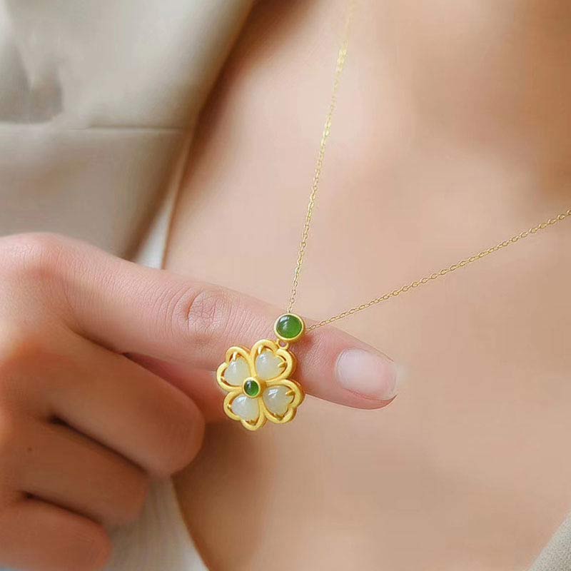 Karma Stone 925 Sterling Silver Lucky Four Leaf Clover Jade Prosperity Necklace Chain Pendant