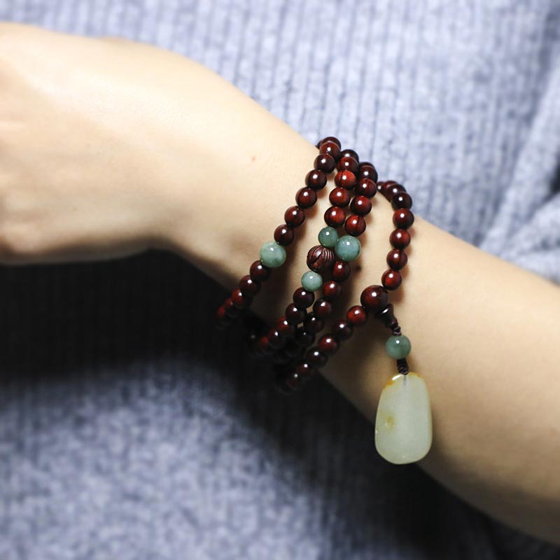 Karma Stone Tibetan Small Leaf Red Sandalwood Jade Mala Meditation Bracelet