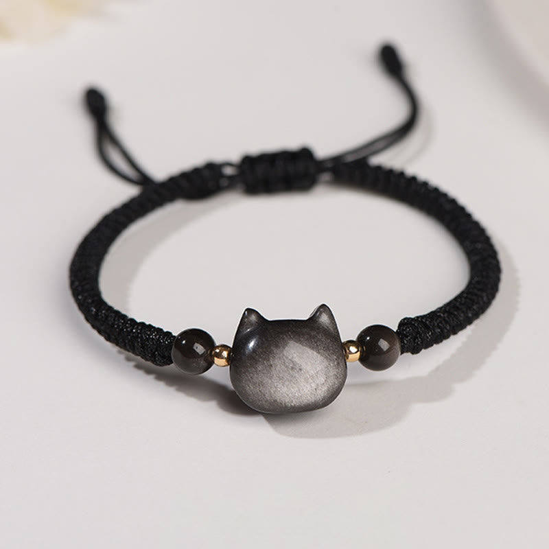 Karma Stone Handmade Natural Silver Sheen Obsidian Strawberry Quartz Cute Cat Protection Braided Bracelet