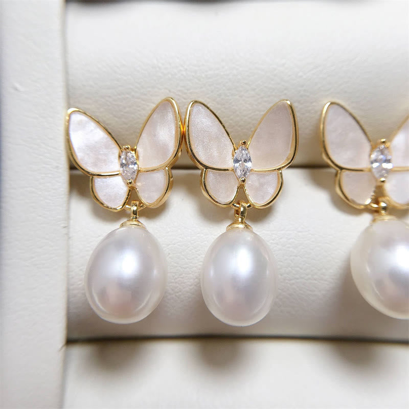 Karma Stone 925 Sterling Silver Posts 18K Gold Plated Copper Pearl Butterfly Optimism Stud Earrings