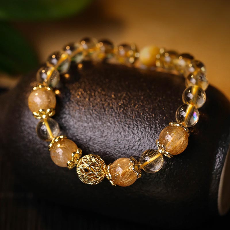 Karma Stone Natural Citrine Amethyst Rutilated Quartz Prosperity Protection Bracelet