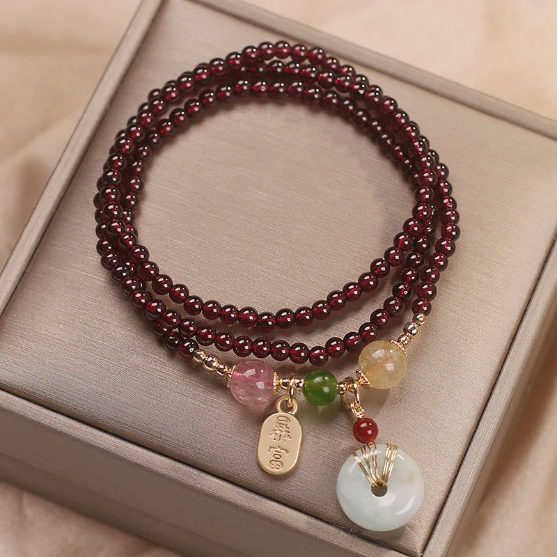 Karma Stone Natural Garnet Strawberry Quartz Crystal Fox Koi Fish Peace Buckle Fortune Protection Triple Wrap Bracelet