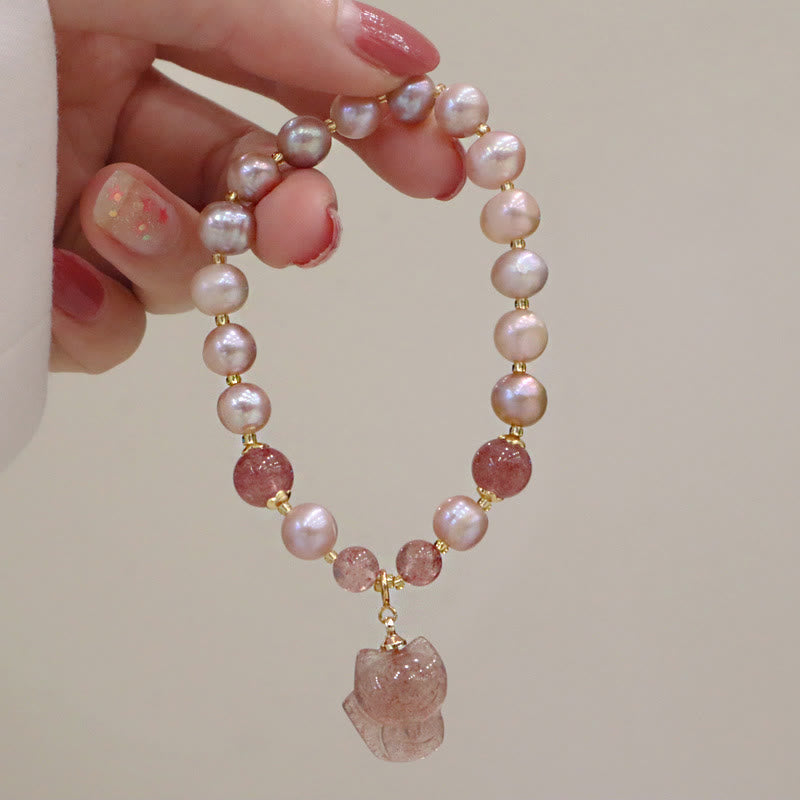 Karma Stone Natural Pearl Strawberry Quartz Cute Fox Love Healing Charm Bracelet