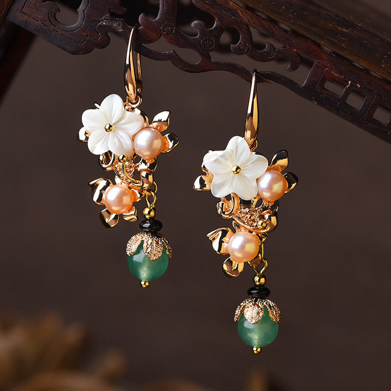 Karma Stone 14K Gold Plated Tridacna Stone Flower Pearl Green Aventurine Bead Drop Earrings