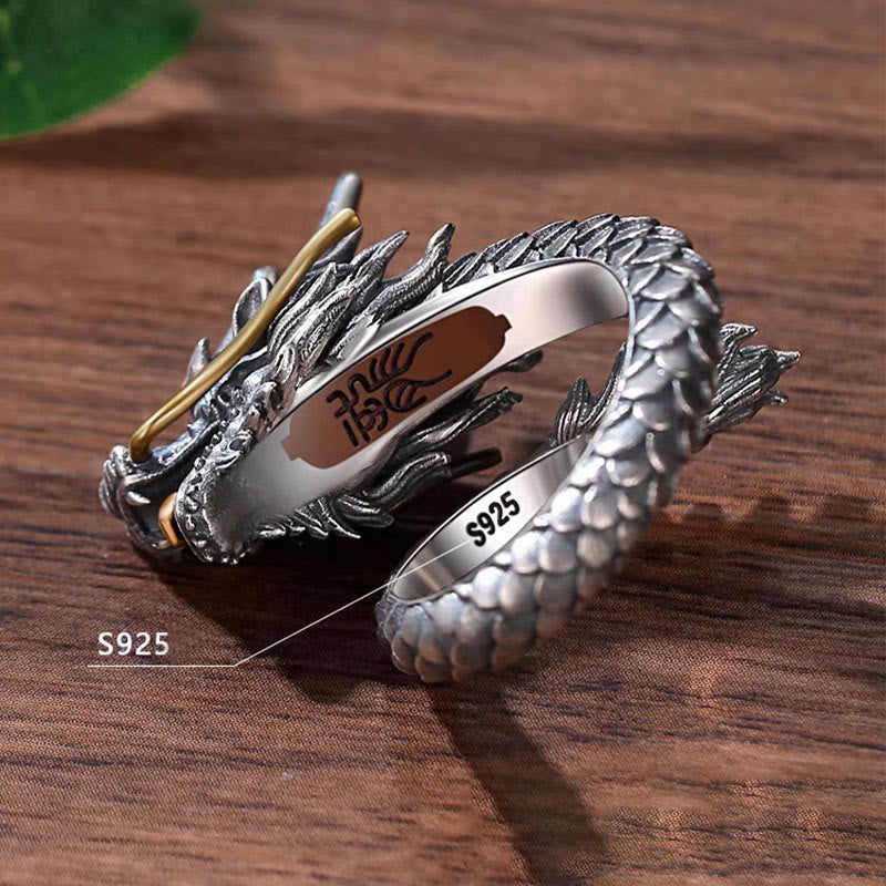 Karma Stone 925 Sterling Silver Vintage Dragon Design Protection Strength Adjustable Ring