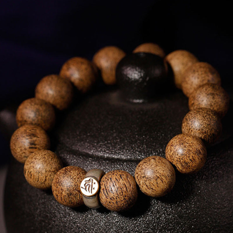Karma Stone Chinese Zodiac Natal Buddha Natural Agarwood Silver Peace Calm Bracelet