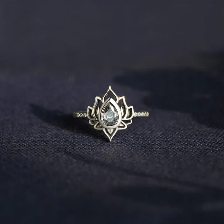 Karma Stone Sterling Silver Lotus Zircon Blessing Protection Ring