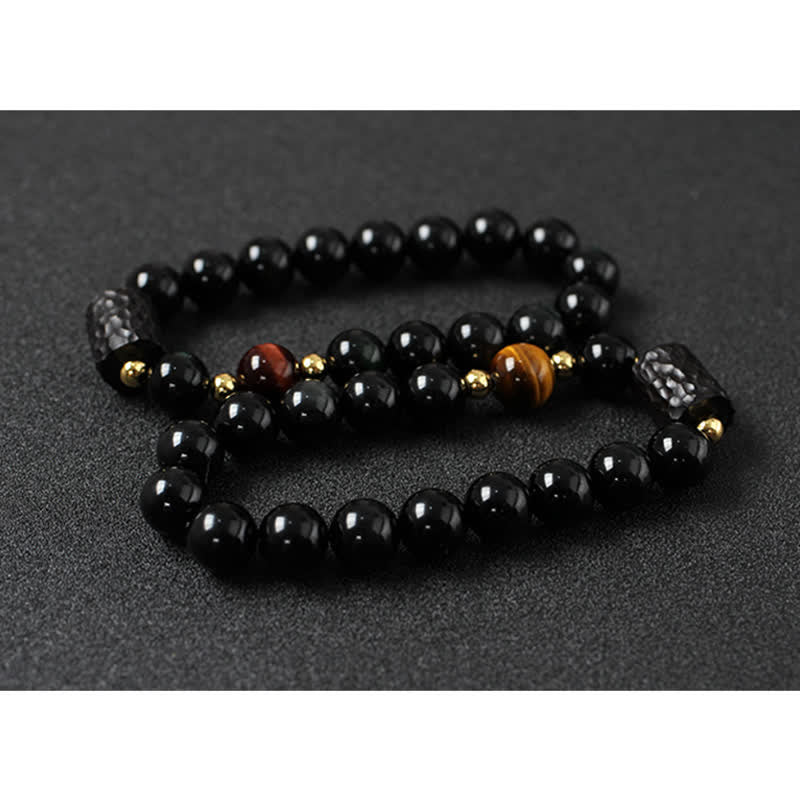 Karma Stone Black Obsidian Ebony Wood Red Tiger Eye Strength Couple Bracelet