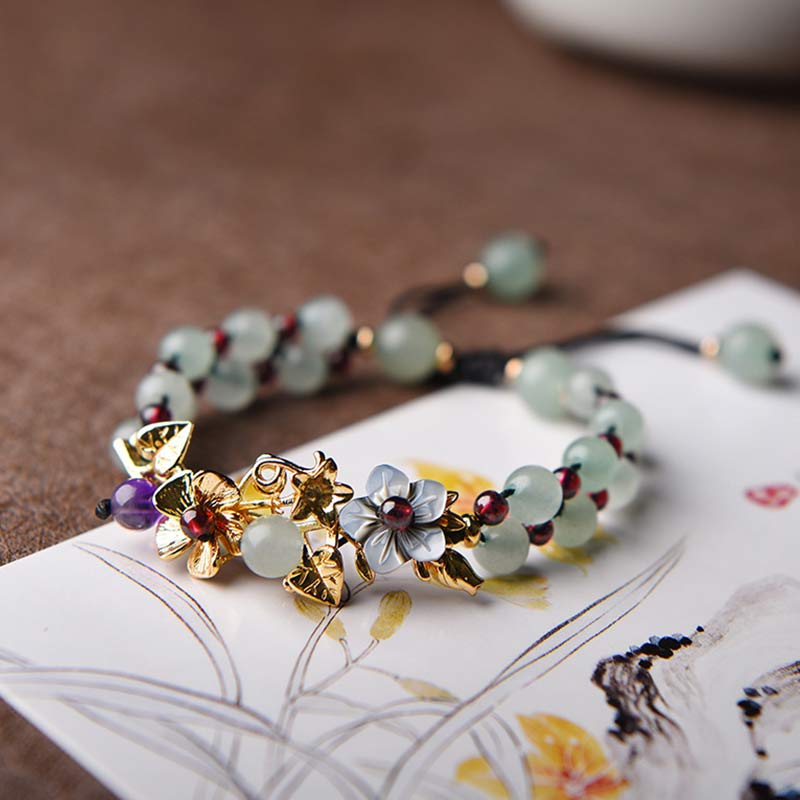 Karma Stone Green Aventurine Garnet Bead Flower Petal Luck Bracelet