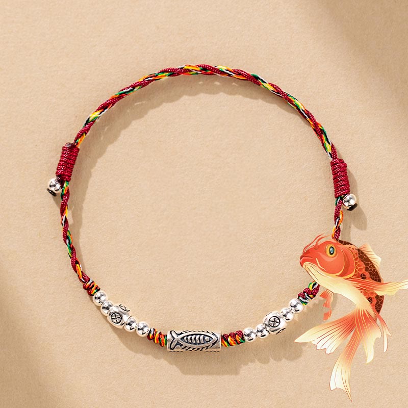 Karma Stone 925 Sterling Silver Luck Koi Fish Braided Colorful String Bracelet Anklet