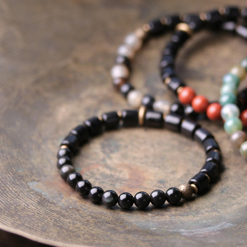 Karma Stone Ebony Wood Red Jasper Moss Agate Crystal Copper Peace Couple Bracelet