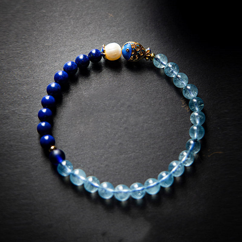 Karma Stone Natural Aquamarine Lazurite Fish Healing Bracelet