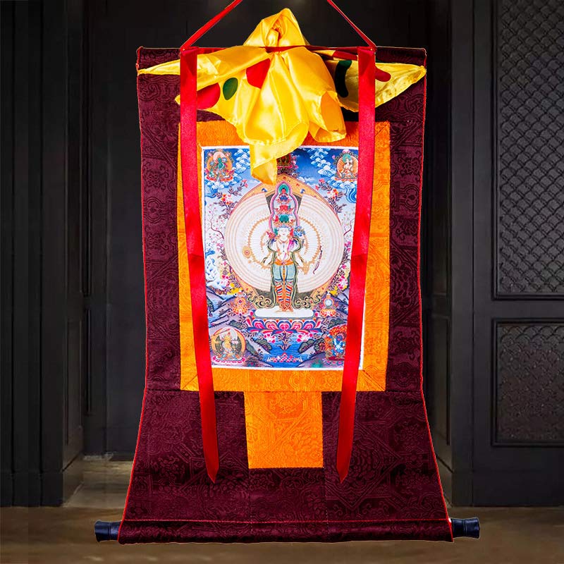 Karma Stone Tibetan Thousand-handed Avalokitesvara Framed Thangka Blessing Decoration