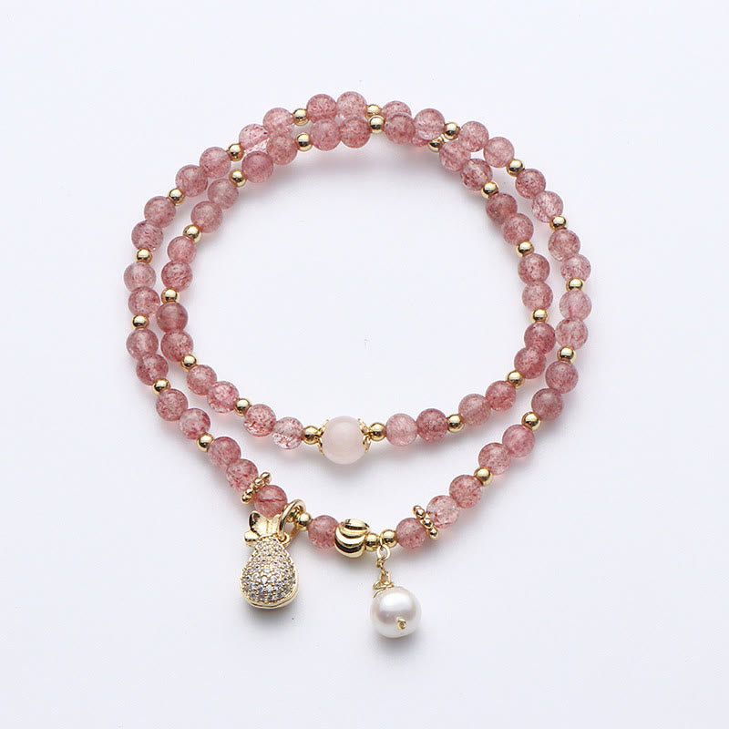 Karma Stone Strawberry Quartz Money Bag Positive Charm Double Wrap Bracelet