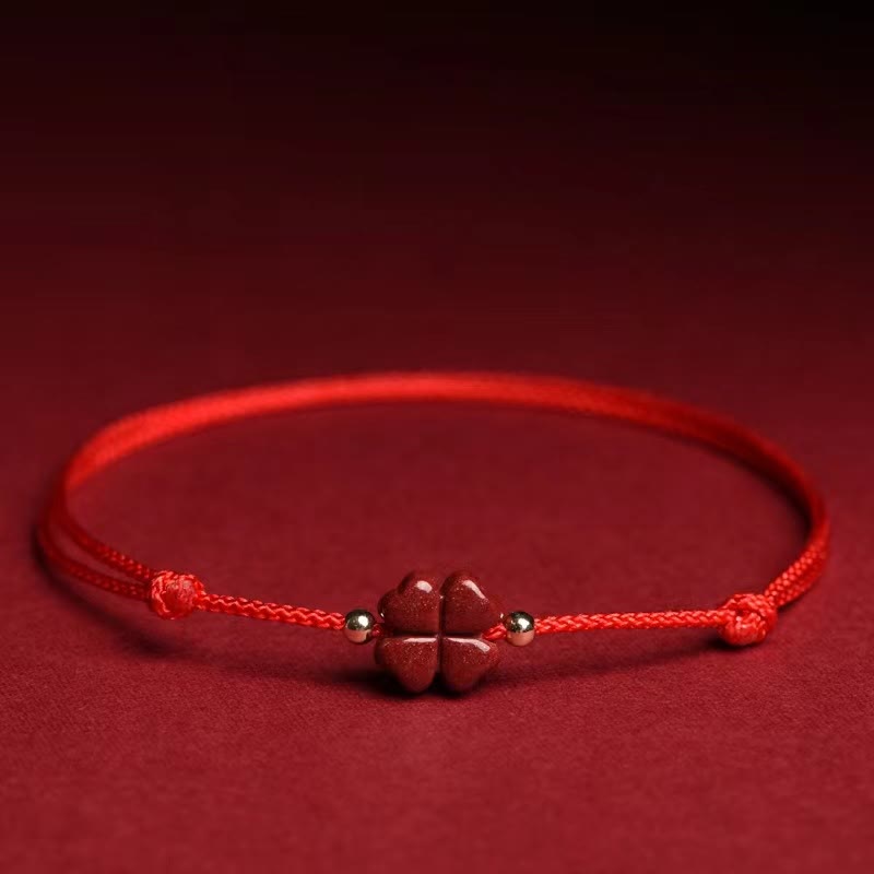 Karma Stone Natural Cinnabar Four Leaf Clover Blessing Red String Bracelet Anklet