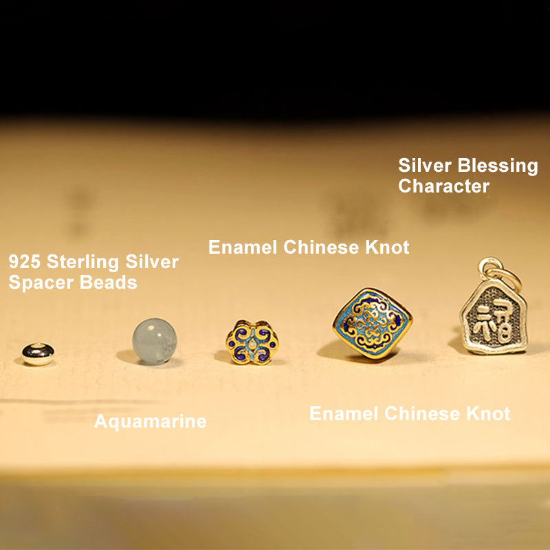 Karma Stone 925 Sterling Silver Indian Small Leaf Red Sandalwood Aquamarine Full of Gold Star Chinese Knotting Blessing Bracelet
