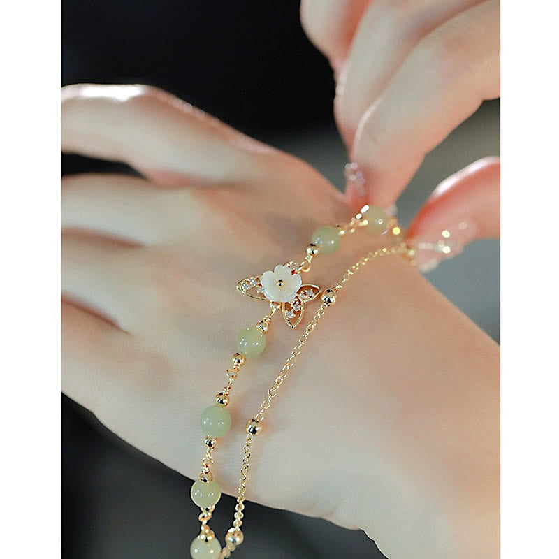 Karma Stone 14K Gold Plated Jade Butterfly Tridacna Stone Flower Double Layer Luck Bracelet