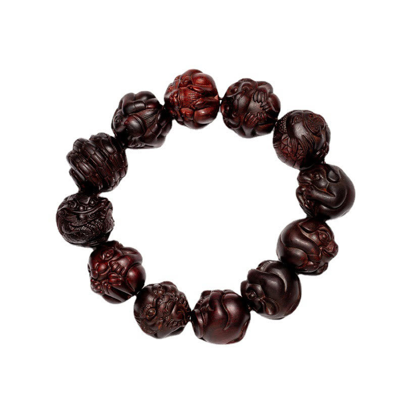 Karma Stone Chinese Zodiac Engraved Small Leaf Red Sandalwood Protection Bracelet